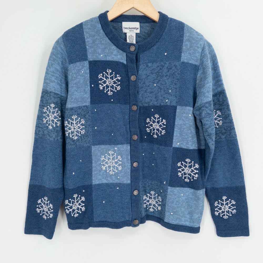 Vintage 90s Christmas Cardigan Women PM Blue Snowflake Patchwork Grannu Holiday